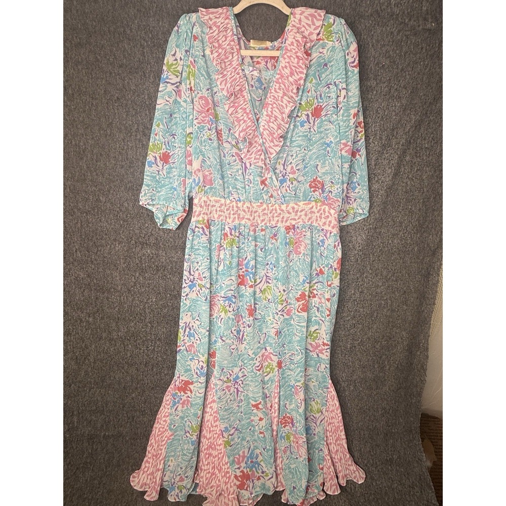 80s Vintage Assorti by Susan Freis Blue & Pink Ruffle Bodice Dress L